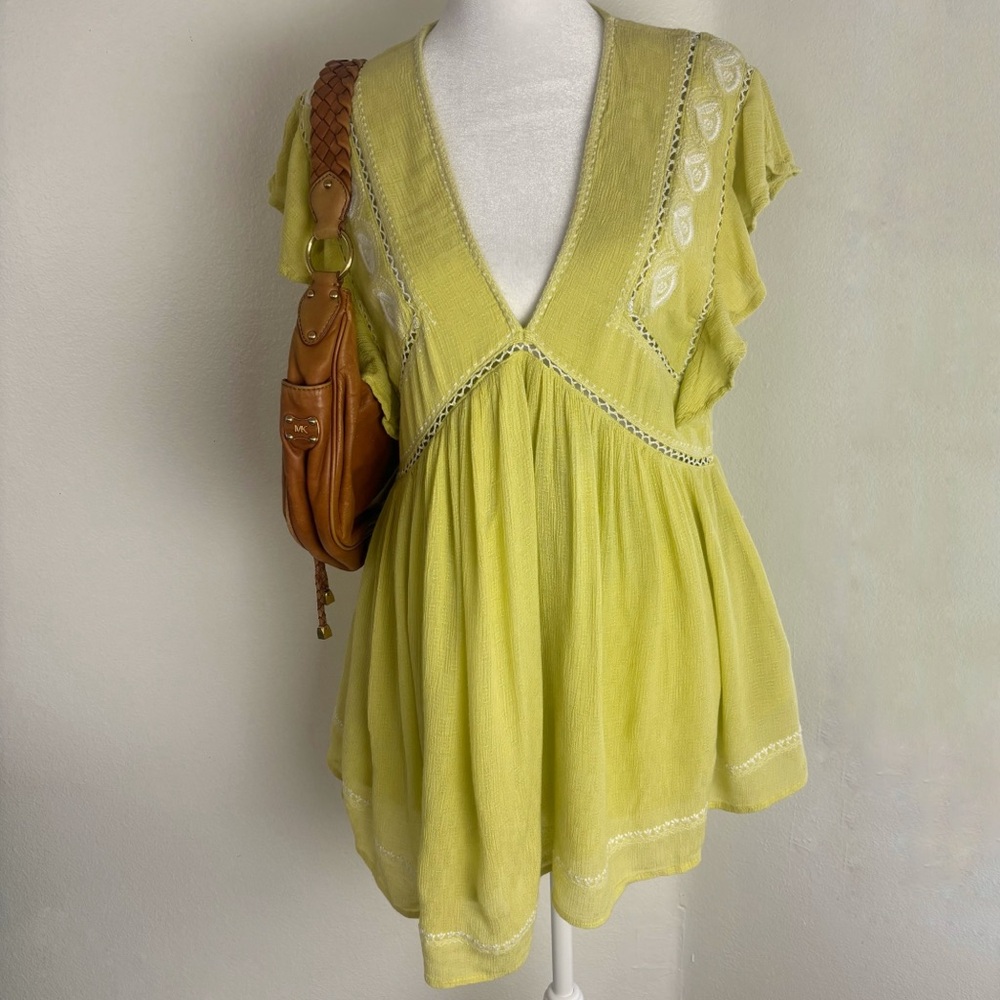 Free People Lemon Yellow Boho Babydoll Tunic Dress Embroidered Flowy